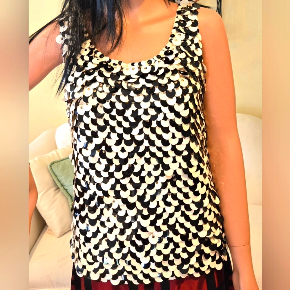 Vintage, Black & White Sequins, Sleeveless Go-Go/Disco Top, Size Medium